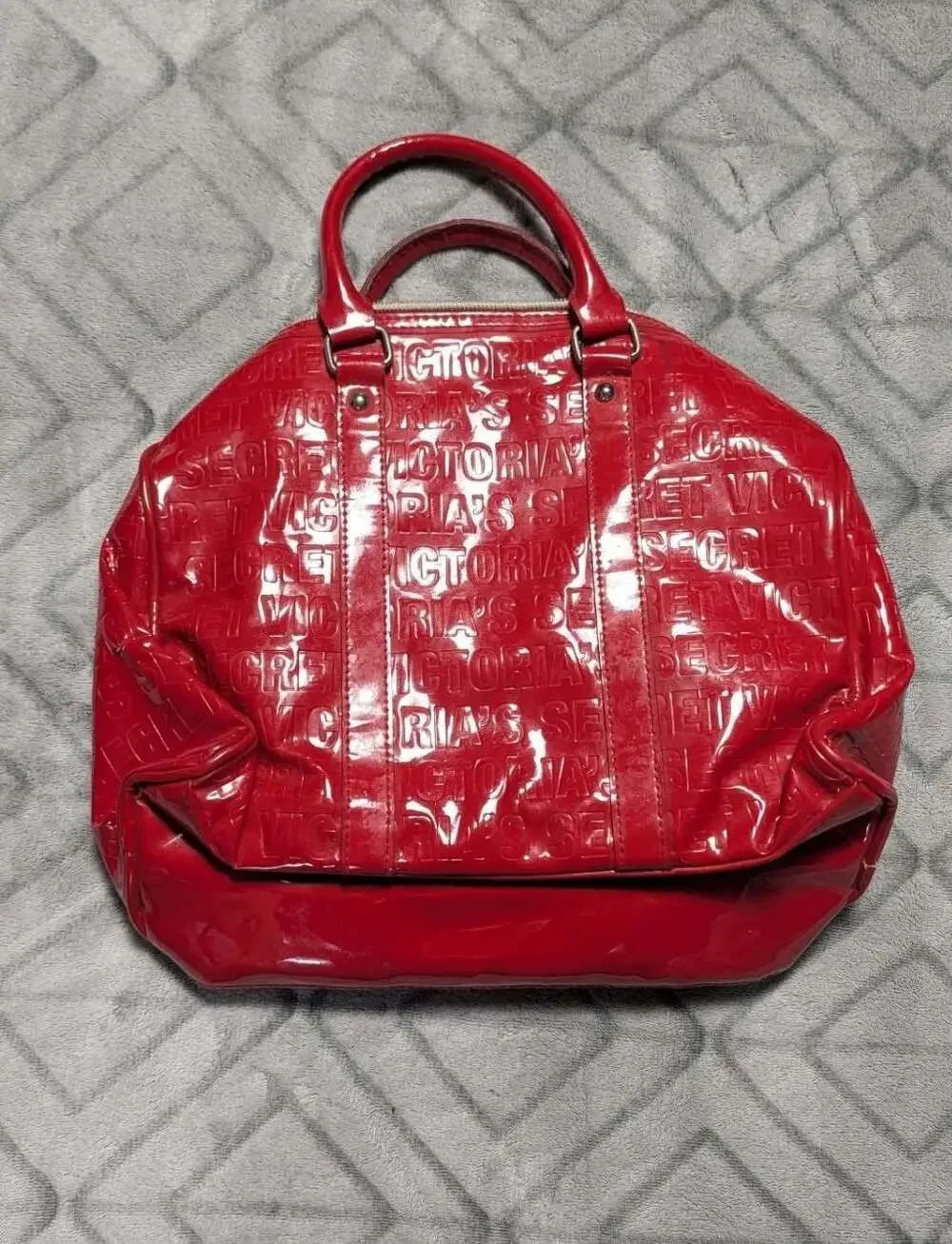 Victoria's Secret Red Patent Vinyl Embossed Logo Satchel Handbag